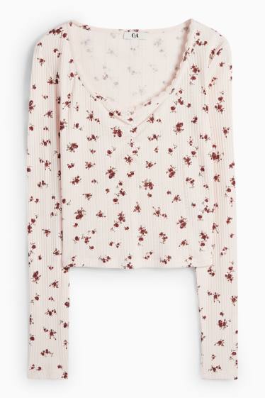 Women - Long sleeve top - slim fit - ribbed - floral - rose / red