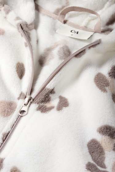 Damen - Bademantel mit Kapuze - Leo-Print - weiß