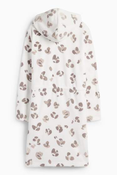 Damen - Bademantel mit Kapuze - Leo-Print - weiß