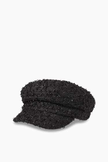Dames - Bakerboy cap van bouclé - zwart