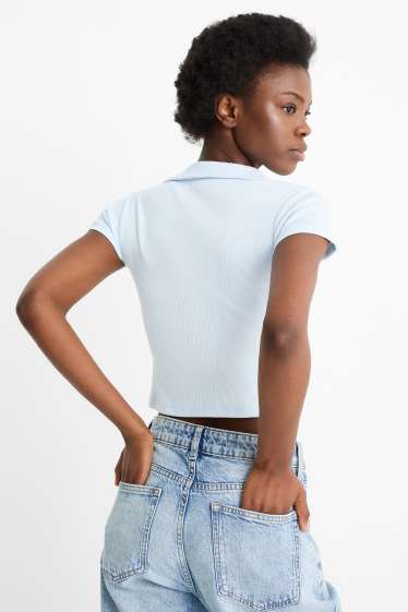 Damen - Crop Poloshirt - Slim Fit - gerippt - hellblau
