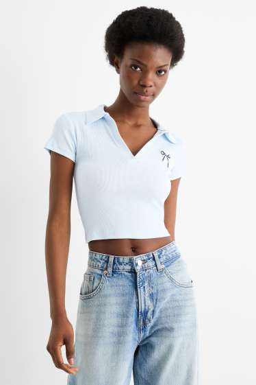 Damen - Crop Poloshirt - Slim Fit - gerippt - hellblau