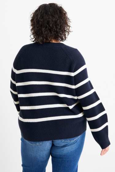 Damen - Pullover - gerippt - gestreift - dunkelblau