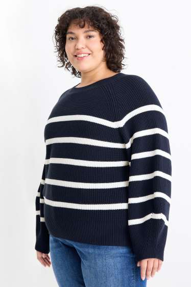 Damen - Pullover - gerippt - gestreift - dunkelblau