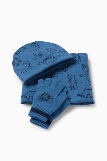Kinder Buben - Dino - Set - Mütze, Loop Schal und Handschuhe - 3 teilig - blau