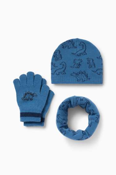 Kinder Buben - Dino - Set - Mütze, Loop Schal und Handschuhe - 3 teilig - blau