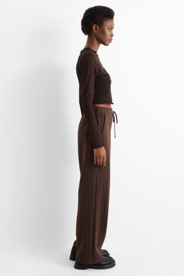 Women - Jersey trousers - mid-rise waist - wide leg - pinstripes - dark brown