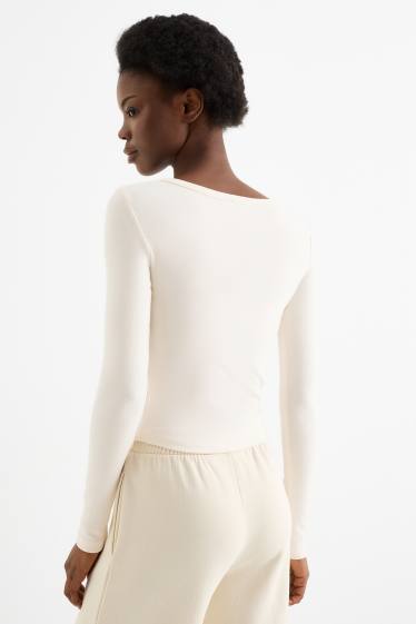 Damen - Crop Henley-Shirt - Slim Fit - cremeweiß