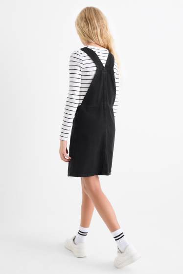 Enfants filles - Ensemble - haut à manches longues et robe-salopette en jean - 2 pièces - noir / blanc
