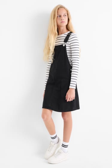 Enfants filles - Ensemble - haut à manches longues et robe-salopette en jean - 2 pièces - noir / blanc
