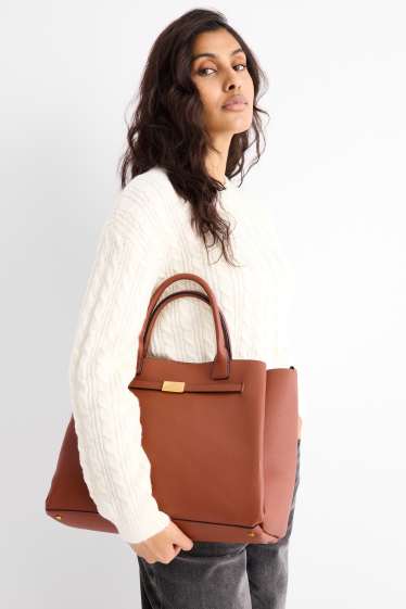 Femei - Geantă shopper mare cu curea detașabilă - imitație de piele - maro deschis