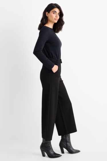Dames - Jersey broek met ceintuur - high waist - wide leg - zwart