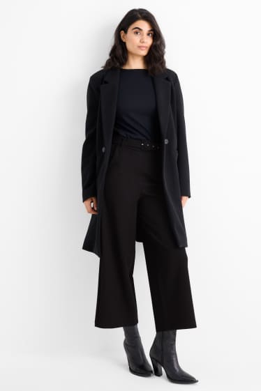 Dames - Jersey broek met ceintuur - high waist - wide leg - zwart