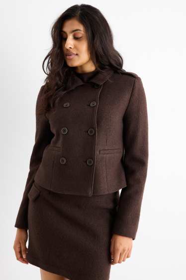 Women - Cropped bouclé blazer - regular fit - wool blend - dark brown