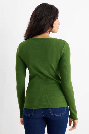 Femei - Tricou henley basic - slim fit - reiat - verde închis