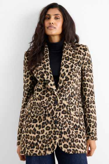 Damen - Longblazer - Relaxed Fit - Leo-Print - schwarz / beige