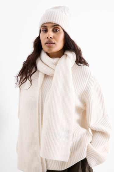 Dames - Beanie van kasjmier - geribd - crème wit