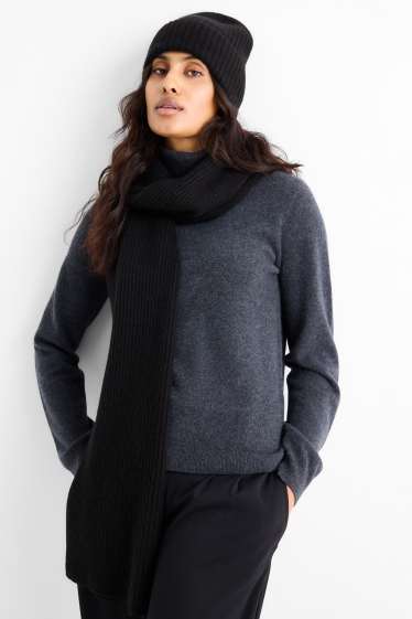 Dames - Beanie van kasjmier - geribd - zwart