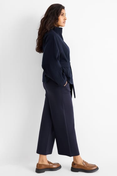 Dámské - Žerzejové kalhoty s páskem - high waist - wide leg - tmavomodrá