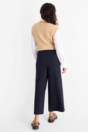Dámské - Žerzejové kalhoty s páskem - high waist - wide leg - tmavomodrá