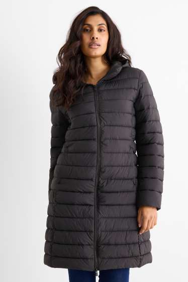 Women - Quilted coat with hood - black