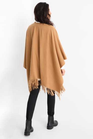 Damen - Fransen-Poncho - hellbraun