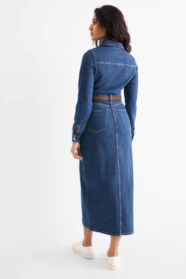 Dames - Denim blousejurk met ceintuur - jeansblauw