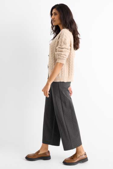 Dámské - Žerzejové kalhoty s páskem - high waist - wide leg - tmavošedá