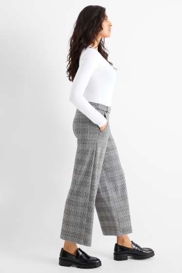 Damen - Jersey-Hose mit Gürtel - High Waist - Wide Leg - kariert - schwarz / weiß