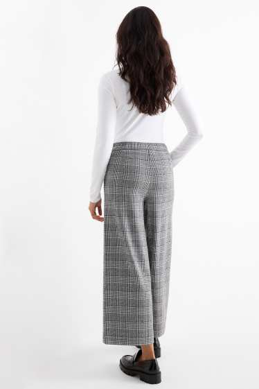 Damen - Jersey-Hose mit Gürtel - High Waist - Wide Leg - kariert - schwarz / weiß