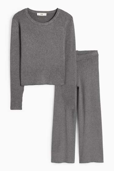 Children Girls - Set - long sleeve top and jersey trousers - ribbed - 2 piece - dark gray