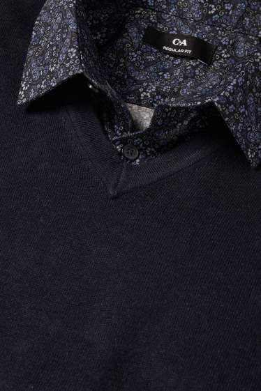 Men - Set - V-neck jumper and business shirt - 2 piece - dark blue