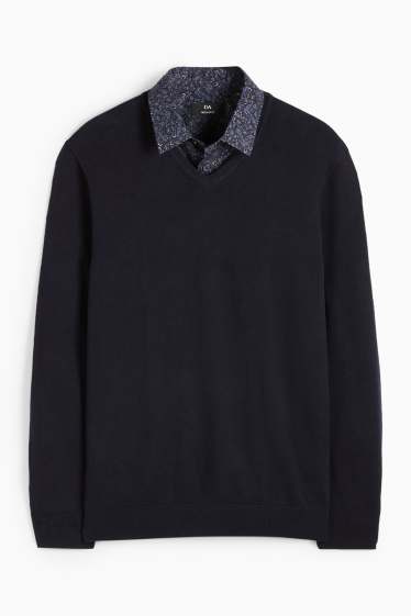 Men - Set - V-neck jumper and business shirt - 2 piece - dark blue