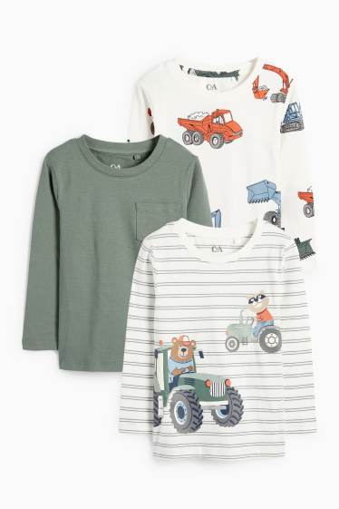 Kinder Buben - Multipack 3er - Bär und Baustelle - Langarmshirt - cremeweiß