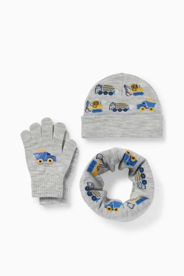 Kinder Buben - Baustelle - Set - Mütze, Loop Schal und Handschuhe - hellgrau-melange