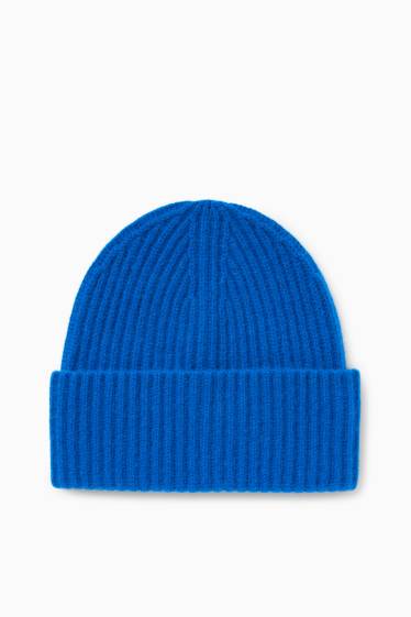 Dámské - Kašmírová čepice beanie - žebrovaná - modrá