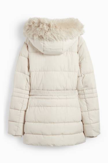 Damen - Steppjacke mit Gürtel, Kapuze und Kunstfellbesatz - hellbeige