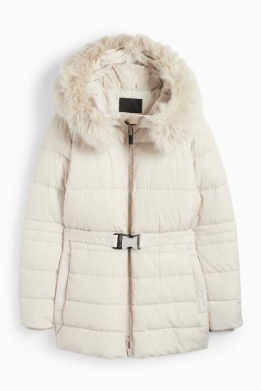 Damen - Steppjacke mit Gürtel, Kapuze und Kunstfellbesatz - hellbeige