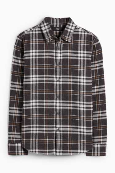 Uomo - Camicia di flanella - regular fit - collo all'italiana - a quadretti - grigio scuro