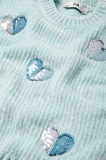 Enfants filles - Cœur - pull en maille chenille - finition côtelée - vert menthe