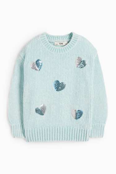 Enfants filles - Cœur - pull en maille chenille - finition côtelée - vert menthe