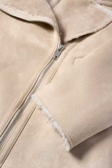 Damen - Faux Shearling Jacke - Velourslederimitat - hellbeige