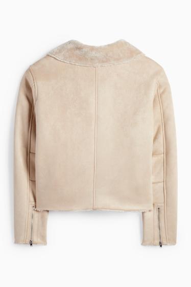 Damen - Faux Shearling Jacke - Velourslederimitat - hellbeige