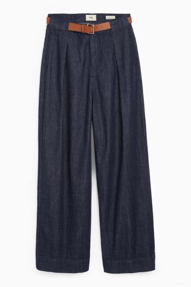 Dámské - Wide leg jeans s páskem - mid waist - džíny - tmavomodré