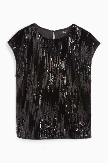 Mujer - Camiseta de terciopelo con lentejuelas - regular fit - negro