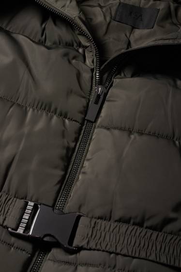 Mujer - Abrigo acolchado con cinturón, capucha y pelo sintético - verde oscuro