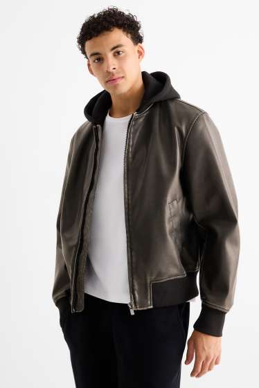 Herren - Jacke mit Kapuze - Lederimitat - schwarz