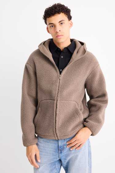Hommes - Veste en peluche à capuche - taupe