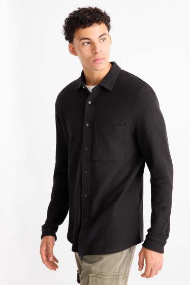 Heren - Overhemd - relaxed fit - kent - met structuur - zwart