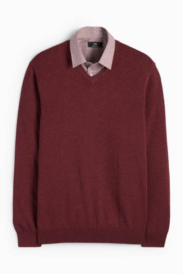 Herren - Set - Pullover mit V-Ausschnitt und Businesshemd - 2 teilig - dunkelrot